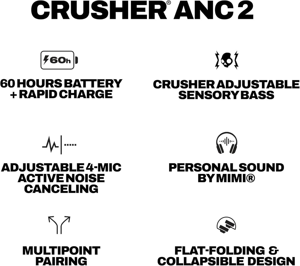 Skullcandy Crusher ANC 2 Wireless Over-Ear Bluetooth Headphones with Multi-Sensory Bass, Active Noise Cancelling, Up to 60 Hours Battery, Microphone for iPhone Android - True Black