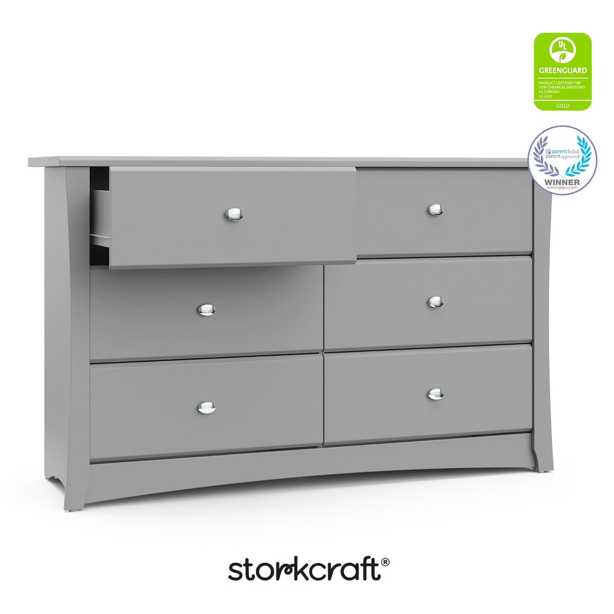 Storkcraft Crescent 6-Drawer Dresser (Pebble Gray) – GREENGUARD Gold Certified, Gray Dresser for Bedroom, Kids & Nursery Storage Chest, Safety Interlocking Drawers, Pre-Installed Tracks, Kids Chest