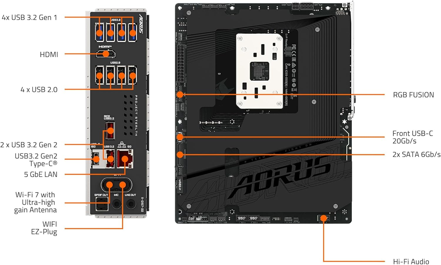 GIGABYTE B850 AORUS Stealth Reverse-Connect ATX Motherboard, Support AMD Socket AM5 Processors, DDR5, 14+2+2 Power Phase, 4X M.2, PCIe 5.0, USB-C, WIFI7, 5GbE LAN, EZ-Latch, 5-Year Warranty