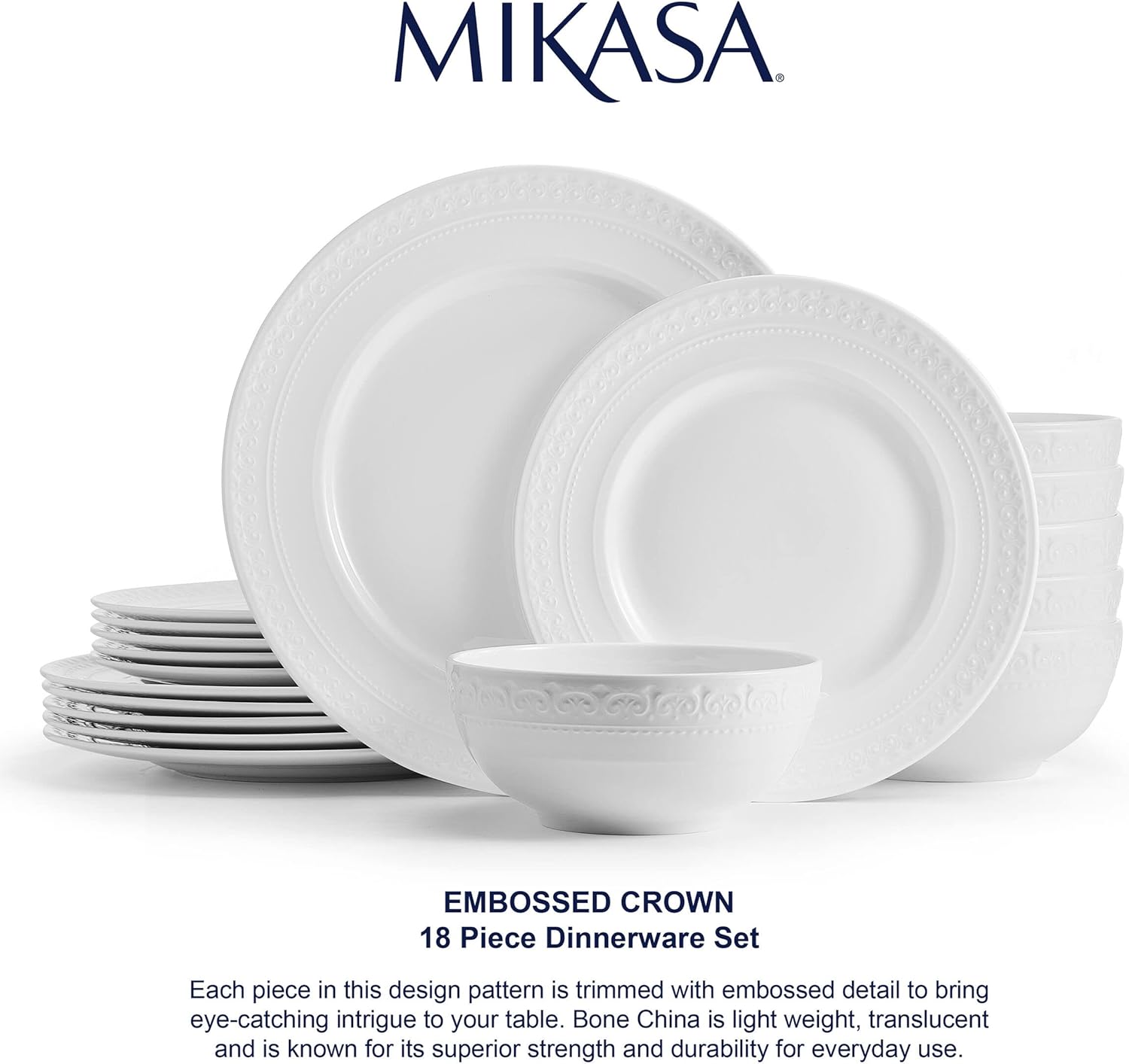 Mikasa Crown White Chip Resistant 18 Piece Dinnerware Set, Service for 6