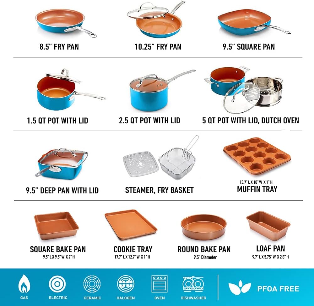 GOTHAM STEEL 20 Piece Copper Pots and Pans Set Nonstick Cookware Set + Complete Ceramic Bakeware Set for Kitchen with Long Lasting Non Stick, Dishwasher/Oven Safe, Non Toxic – Turquoise
