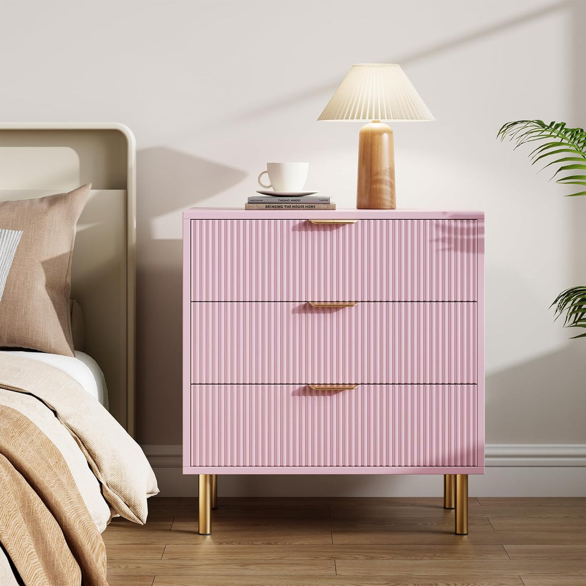 IDEALHOUSE Pink Dresser, Modern 3 Drawer Dresser for Bedroom with Gold Handle and Large Drawer, Wood Double Chest of Drawers and Storage Organizer for Living Room, Hallway, Entryway