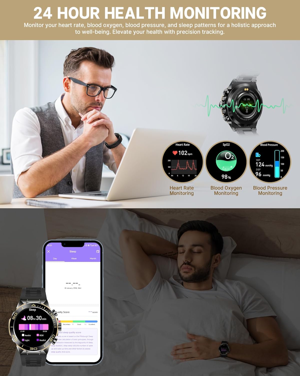 Smart Watch for Men Answer/Make Call for Android iPhone, 1.43" AMOLED HD Screen Mens Luxury Watch, 400mAh Heavy Duty Smartwatch Heart Rate Blood Oxygen Blood Pressure Sleep Monitor Pedometer, 2 Straps