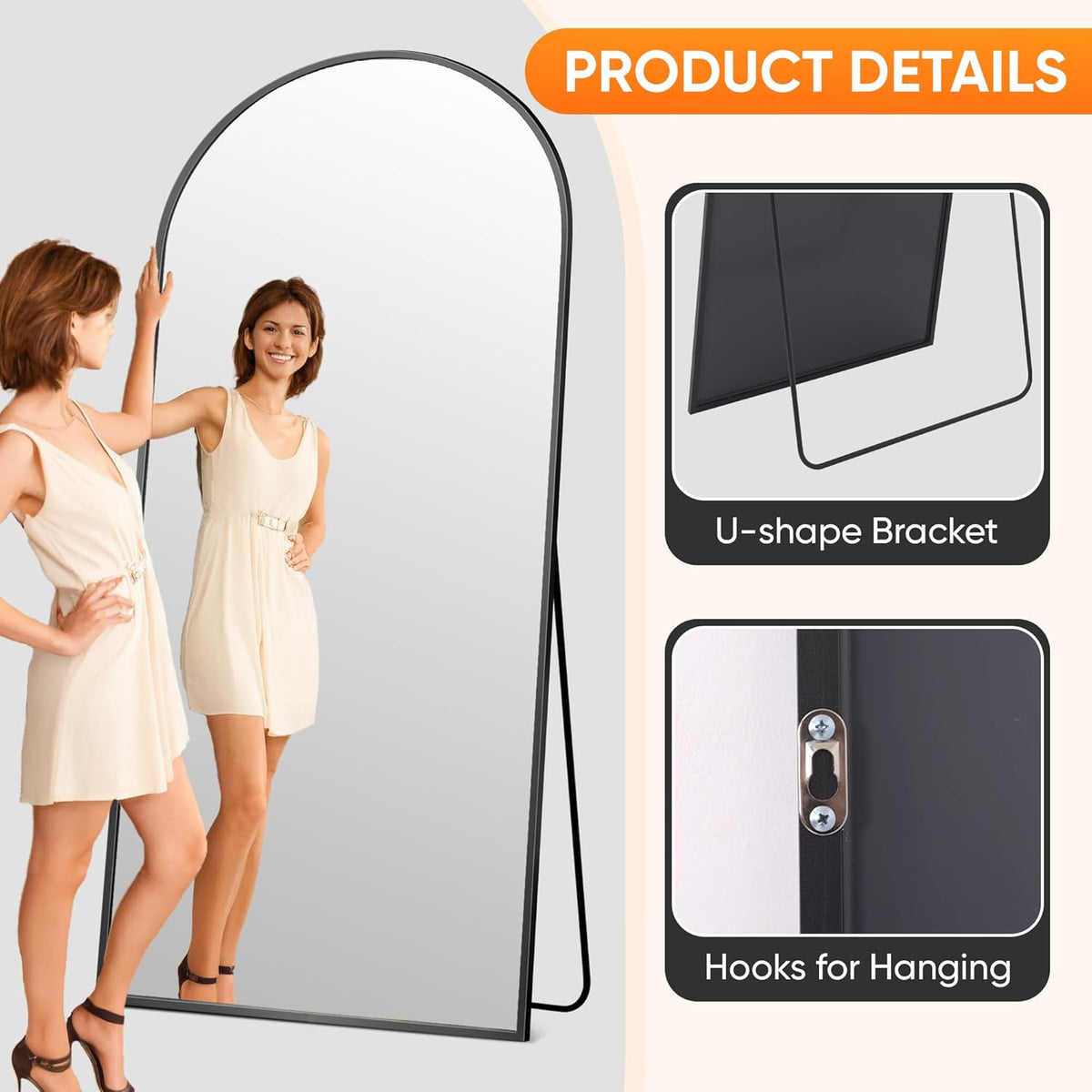 Suidia Full Length Mirror, 71"x32" Floor Standing Mirror Freestanding, Full Body Mirrors with Stand for Bedroom, Hanging Mounted for Living Room Cloakroom, Black, Arched Style