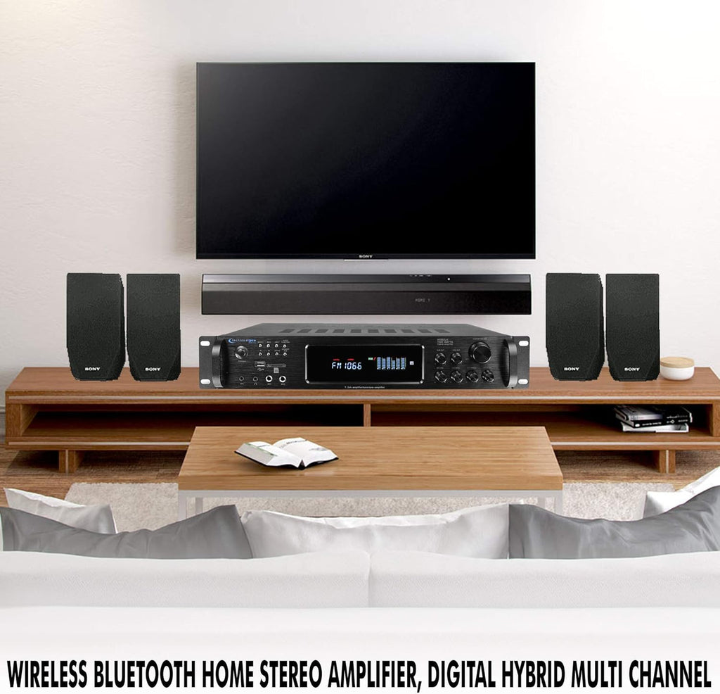 Bluetooth Home Stereo Amplifier, Digital Hybrid Multi Channel, 1500 Watt, Preamp, Tuner with USB and SD Inputs, 2 Mic Inputs, AM/FM digital tuner, Wireless Remote, Bass & Treble Controls