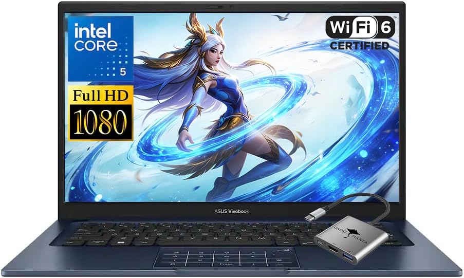ASUS Vivobook 14 14" FHD Business Laptop, Intel 10-Core 5 120U, 8GB RAM 256GB SSD, Win 11 WiFi 6 Bluetooth Private Webcam Gaming Computer for Creator Designer School Student Study Work w/GM Accessory