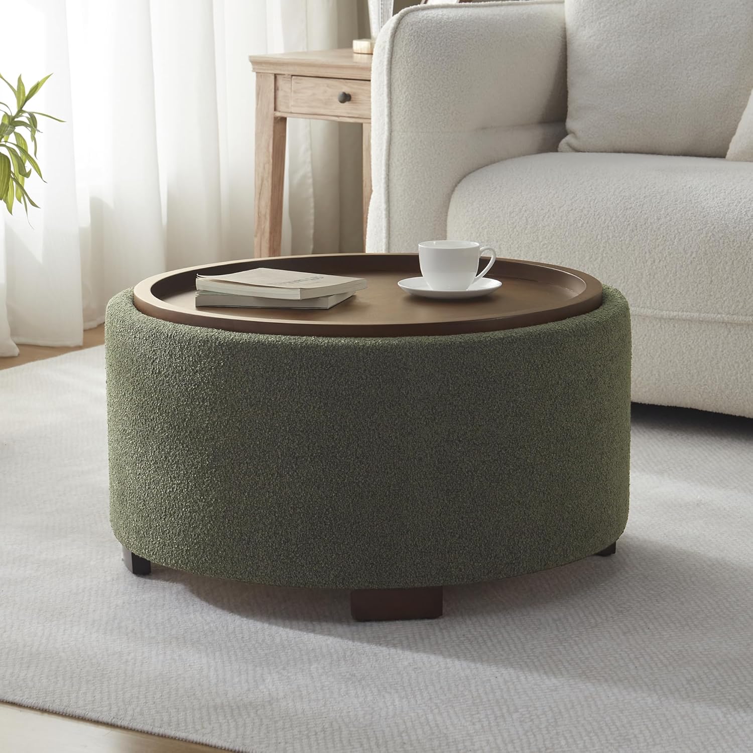 Zihanhome 30 Inch Round Storage Ottoman Coffee Table, Modern Boucle Ottoman with Lift-Off Lid and Solid Wood Legs for Living Room, Bedroom, Corners, Apartments (Green)