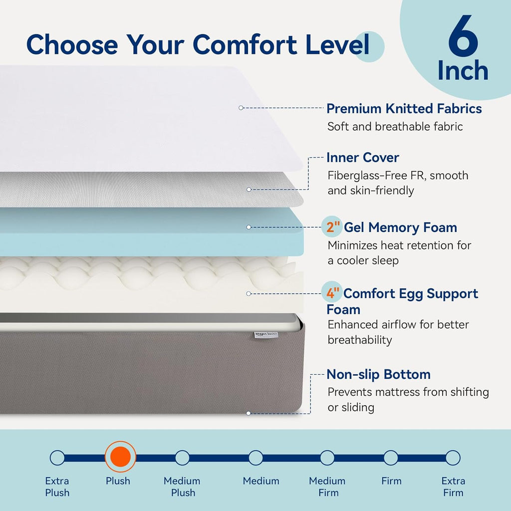 Amazon Basics Gel Memory Foam Mattress, Soft Plush Feel, Breathable Premium Knitted Fabrics, Removable Cover, Easy Set Up, 6 Inch, Full, White/Grey