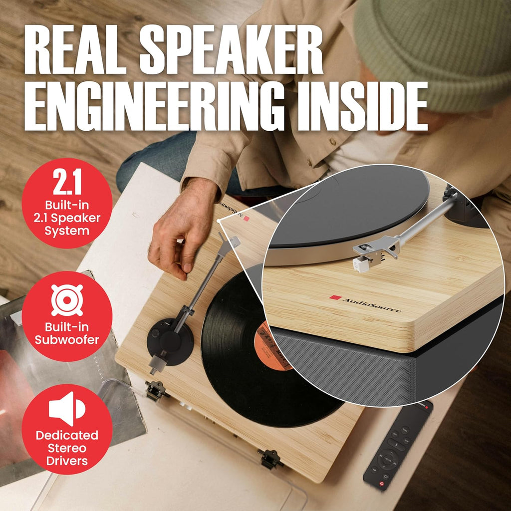 AudioSource Vinyl Record Player, All-in-one Turntable with 2.1 Channel Built-in Speaker, Bluetooth 5.4, 120W, Built-in Subwoofer, High Fidelity 2-Speed Belt Drive, Patented Isolation System, AT-3600L