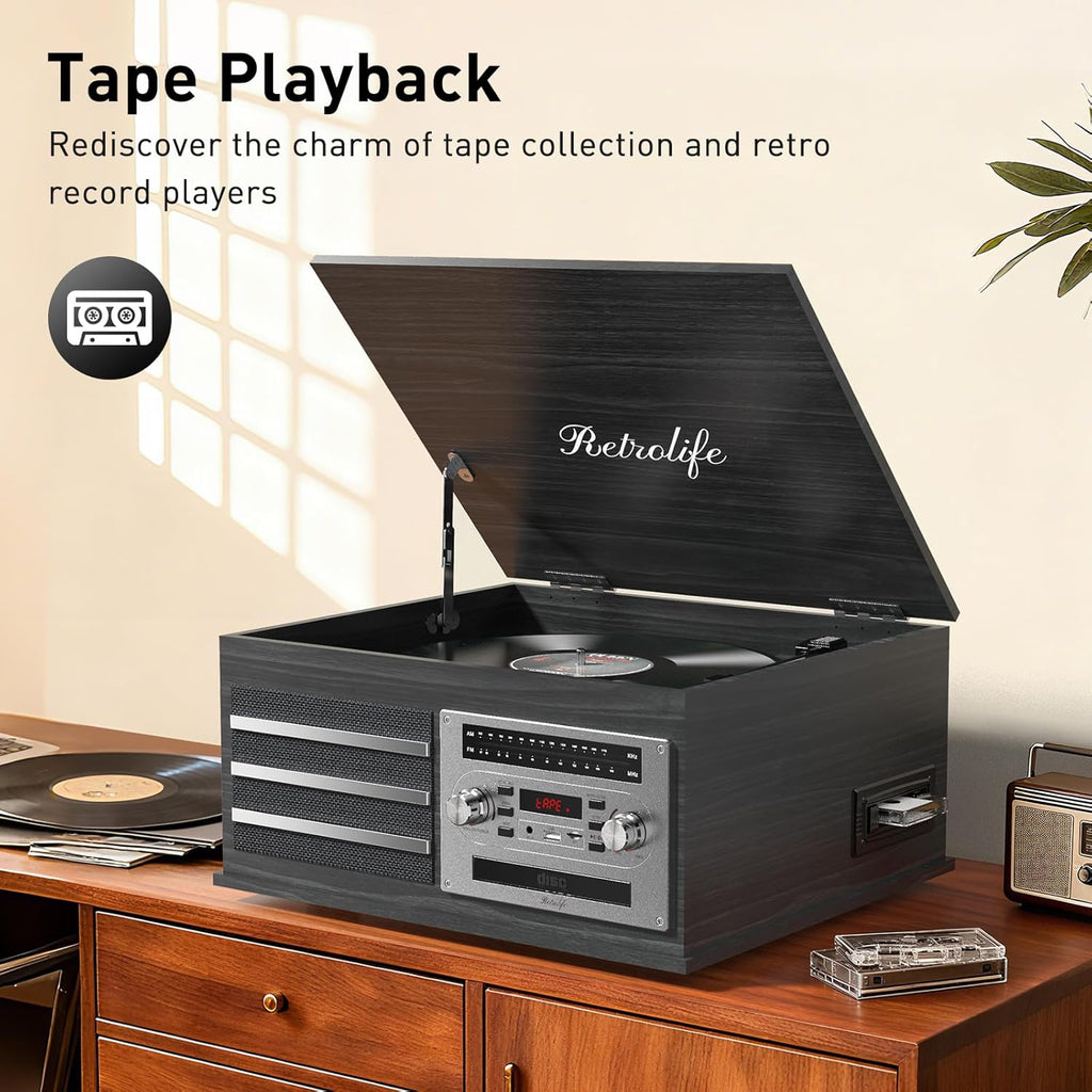 Vinyl Record Player 10-in-1 Music Center Turntable Built-in Speakers Support 3 Speed BT Wireless Input/Output AM/FM Radio CD Tape Cassette Player Aux RCA Auto Stop Vinyl Recording to USB/TF Card Black