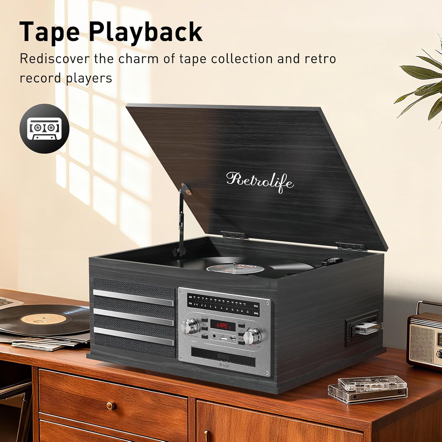 Vinyl Record Player 10-in-1 Music Center Turntable Built-in Speakers Support 3 Speed BT Wireless Input/Output AM/FM Radio CD Tape Cassette Player Aux RCA Auto Stop Vinyl Recording to USB/TF Card Black