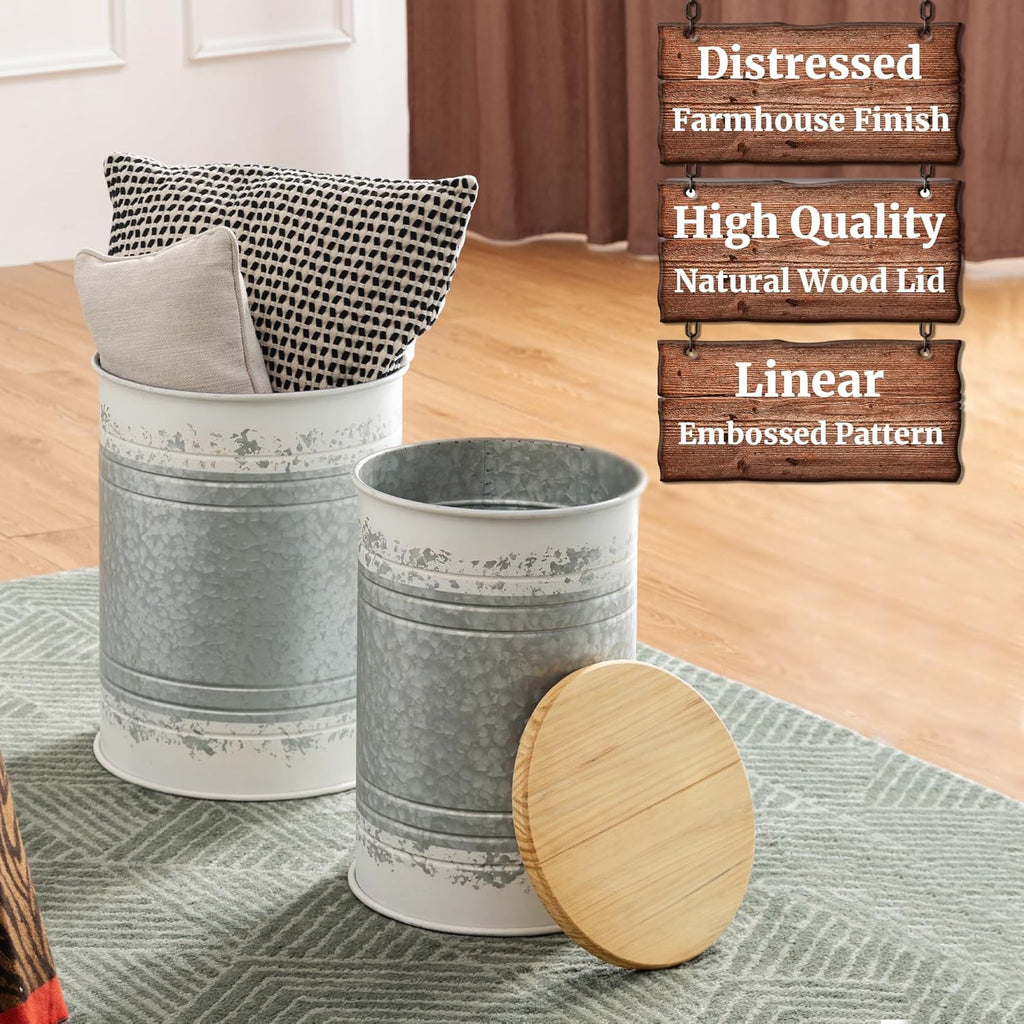 Glitzhome Rustic End Table Set of 2, Farmhouse Galvanized Metal Barrel Ottoman Storage Stool with Round Wood Lid for Living Room Furniture, Distressed White