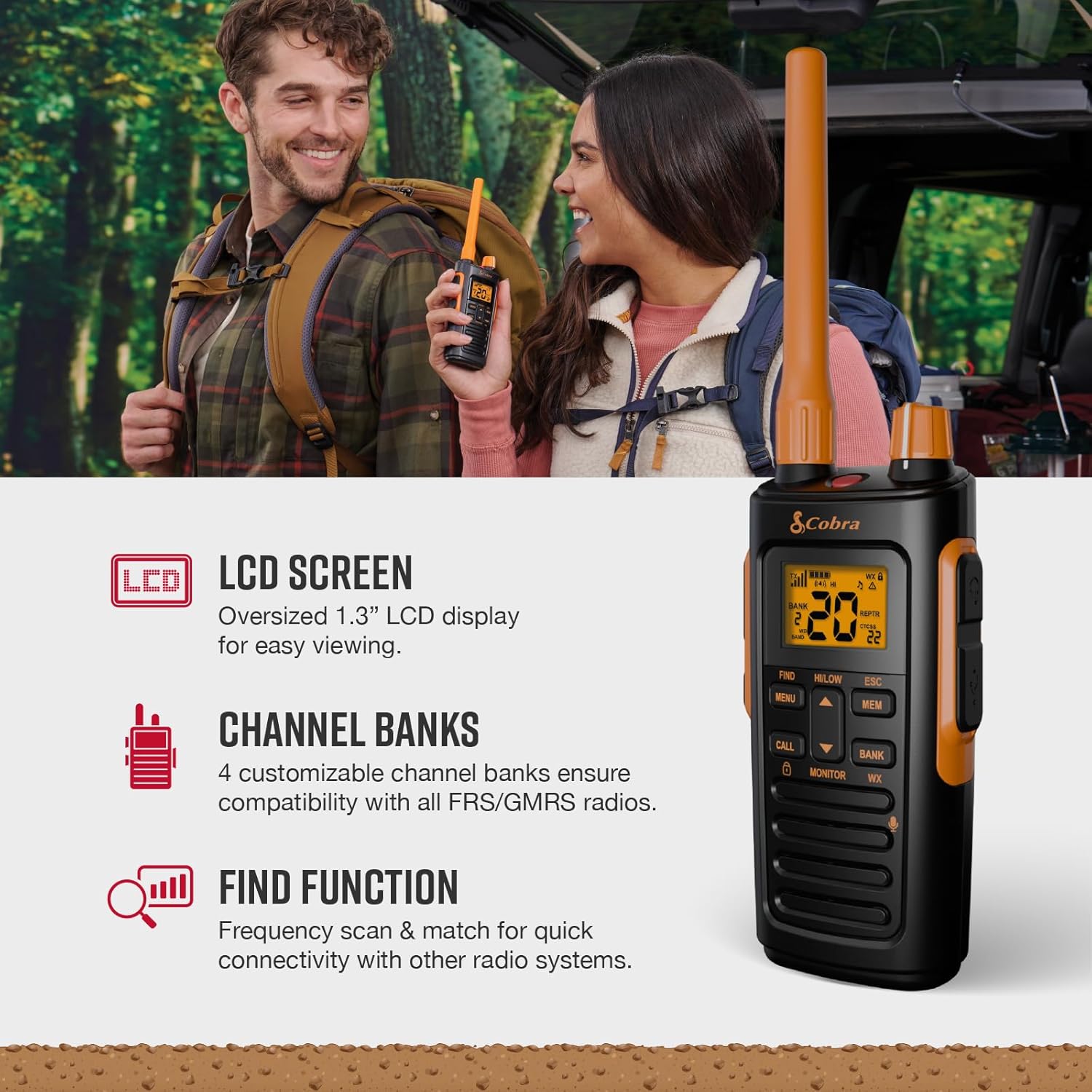 Cobra TrailBlazer 450 GMRS Radio (2-Pack) – IP54 Weather Resistant, 16hr Battery, 2.5W Long Range Walkie Talkies, Large LCD Display, NOAA, Programmable Software, Removable Antenna, Repeater Capable