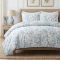 EverGrace 100% Cotton Sateen Duvet Cover Set Queen Size, 3 Piece Floral Toile Bedding Set, Pre-Washed Soft & Breathable, Button Closure with 2 Pillow Shams, Blue Linen, 90"x92"