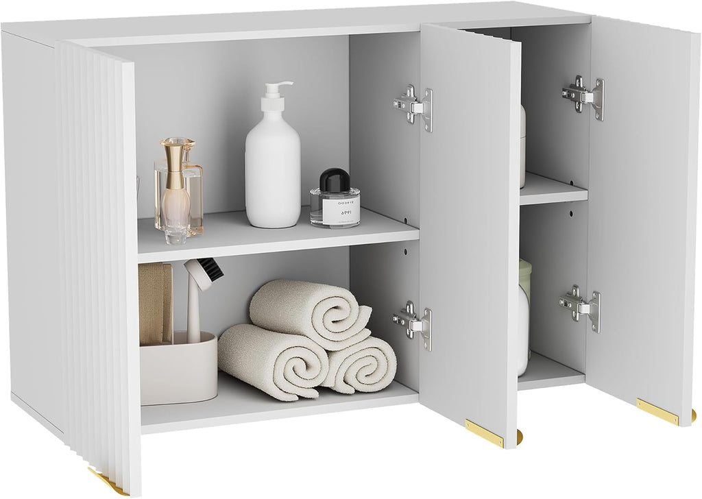 ChooChoo 3-Door Bathroom Wall Cabinet, Fluted Kitchen Wall Cabinet with Adjustable Shelf, Wall Mounted Storage Cupboard for Bathroom, Laundry Room, Entryway, Garage, White