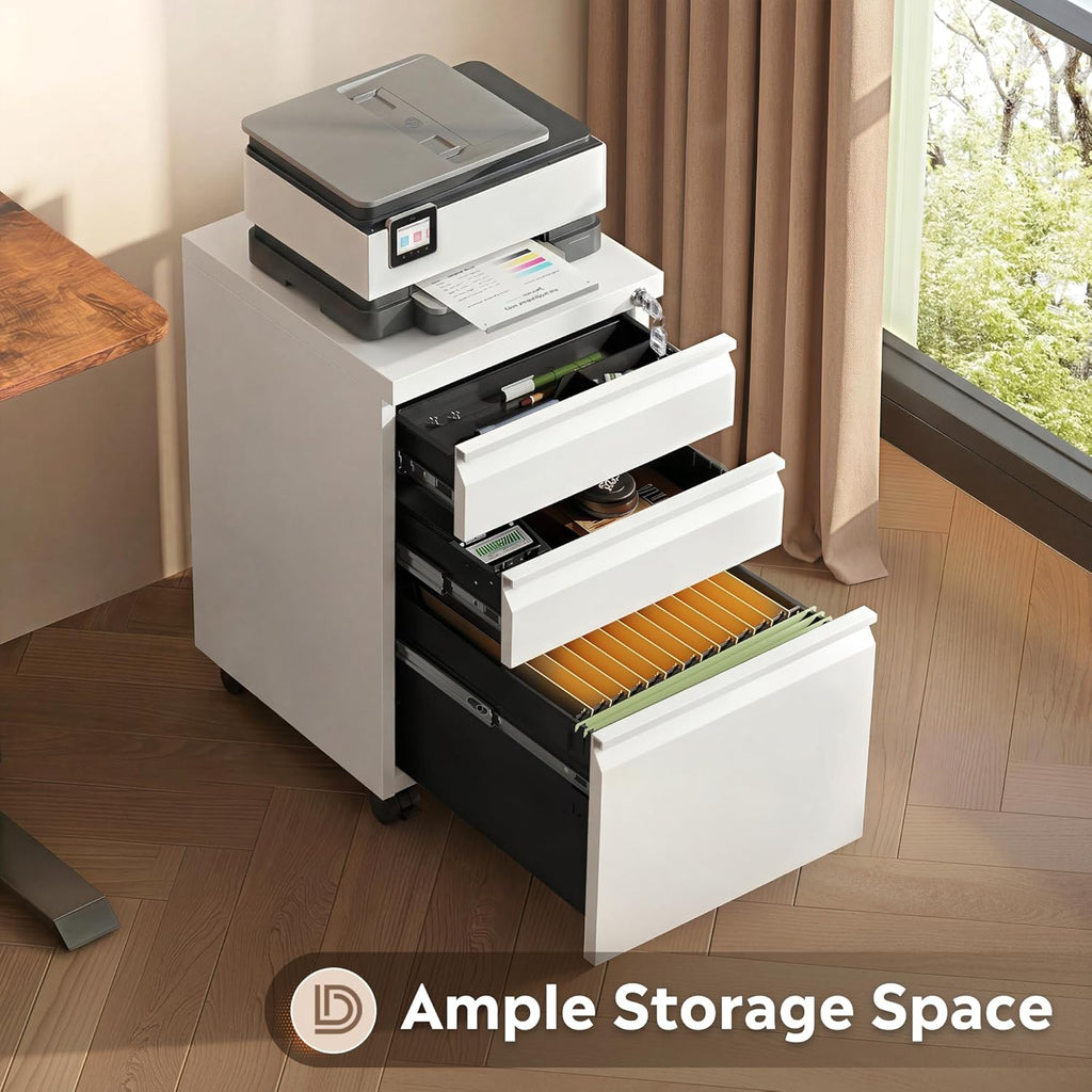 DEVAISE 3-Drawer Mobile File Cabinet (Under Office Desk), Assembled Except Casters, Fits Letter/Standard Sizes, White