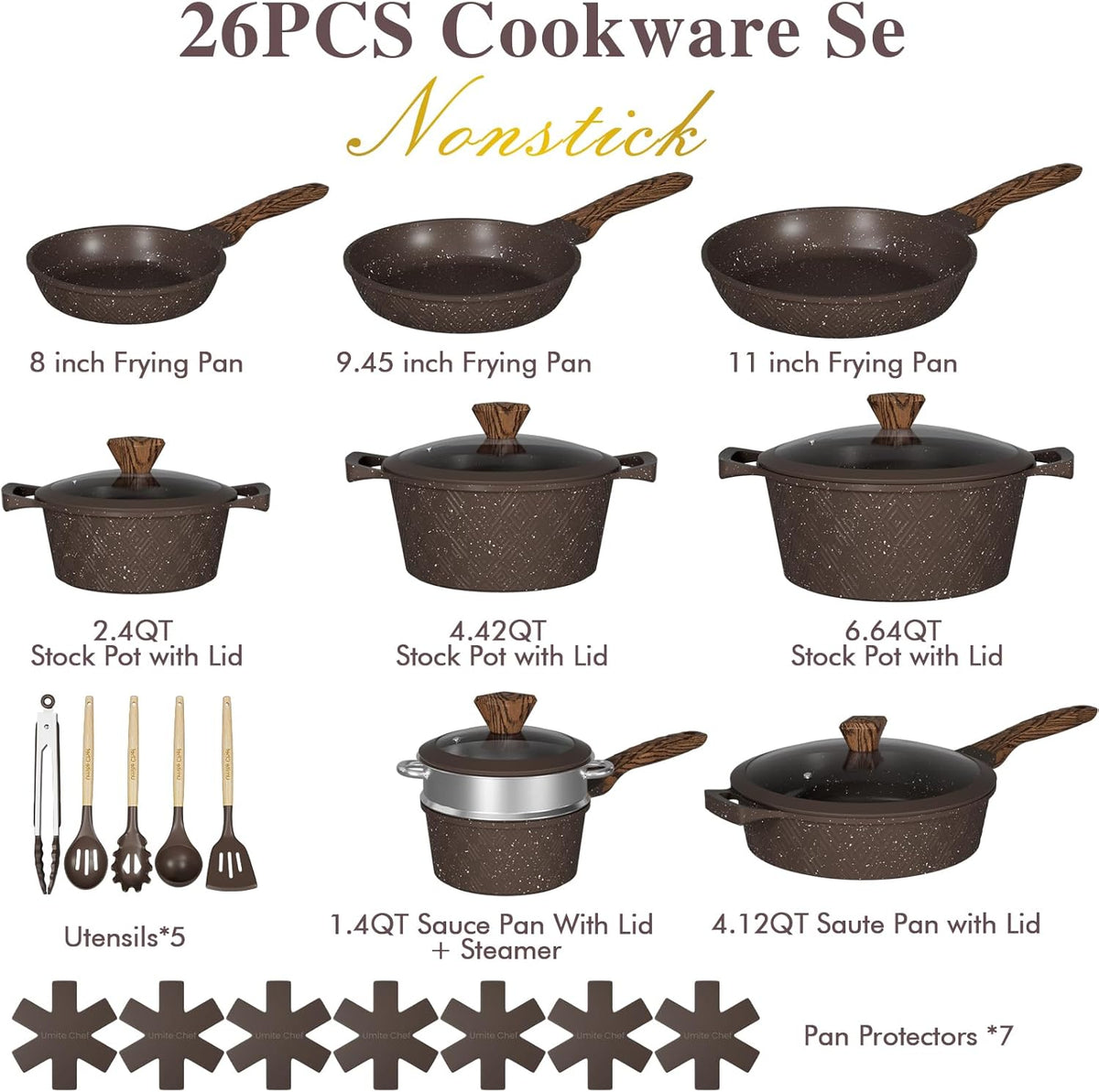 Umite Chef 26PCS Pots and Pans Set Non Stick, Nonstick Cookware Sets, Induction Cook Ware, Includes Steamer & Silicone Utensils, Housewarming Gift, Kitchen Cooking Sets w/Frying pan (PFOS, PFOA Free)