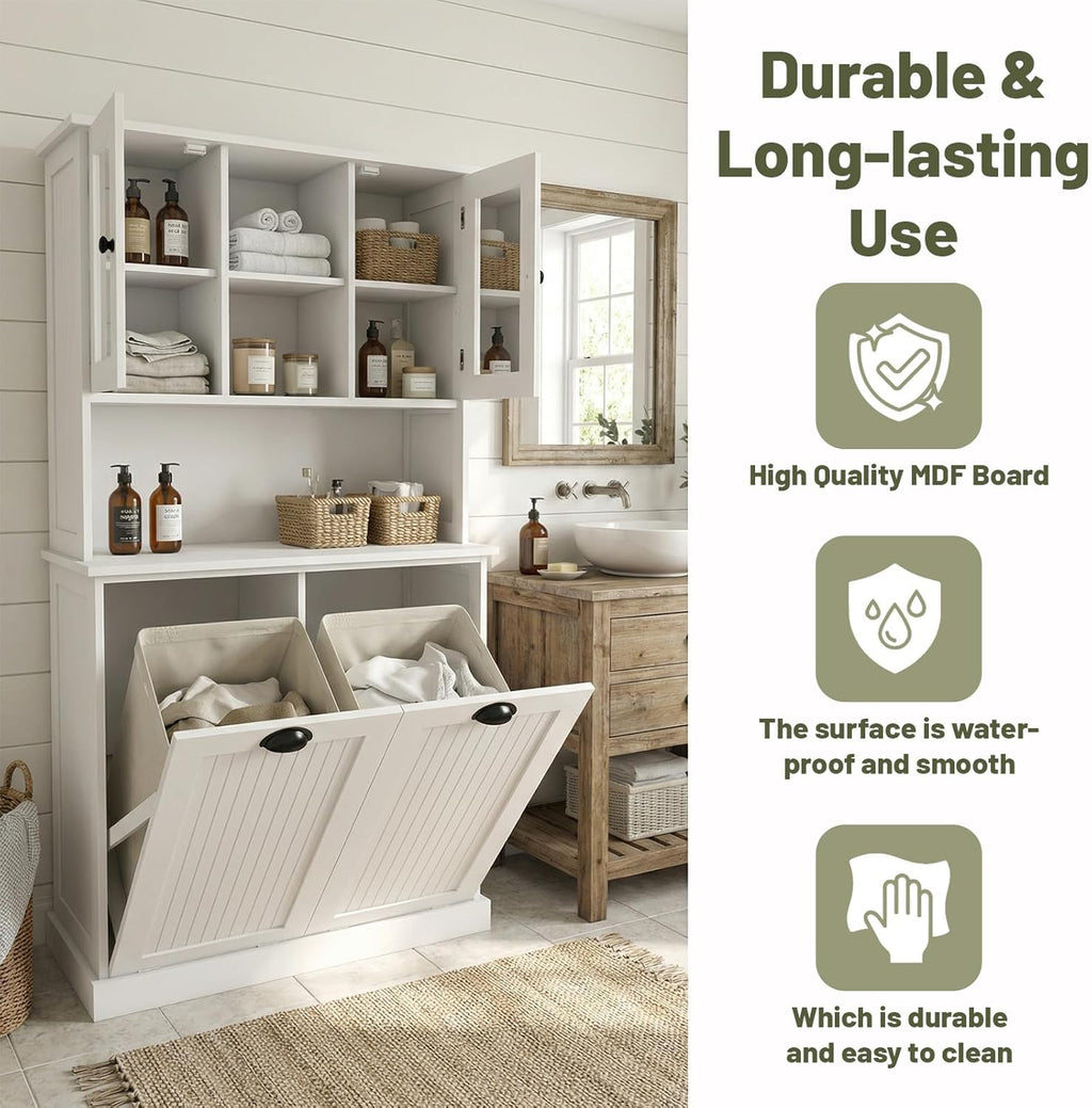 Tilt-Out Laundry Hamper Cabinet, 60-inch Tall Bathroom Cabinet with 2 Large Pull-Out Laundry Baskets, Glass Doors, and 2 Adjustable Shelves, Bathroom Organizer Cabinet for Laundry and Balcony, White