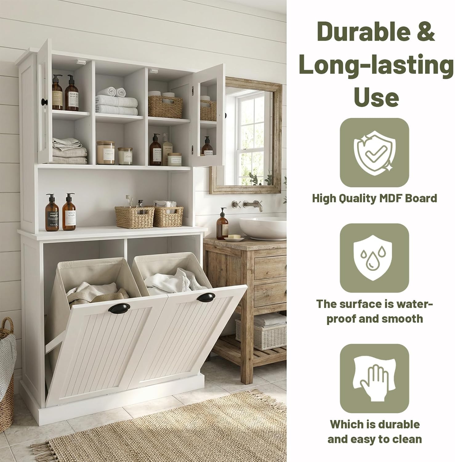 Tilt-Out Laundry Hamper Cabinet, 60-inch Tall Bathroom Cabinet with 2 Large Pull-Out Laundry Baskets, Glass Doors, and 2 Adjustable Shelves, Bathroom Organizer Cabinet for Laundry and Balcony, White