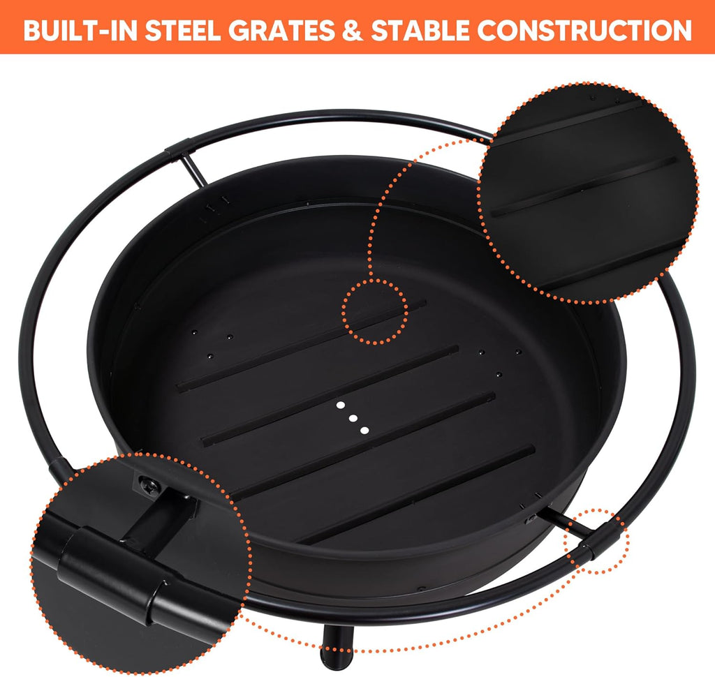 SUNCREAT 42" Outdoor Portable Fire Pit with Spark Screen, Fire Poker, Wood Burning Patio Fire Pits with Protective Ring, Black