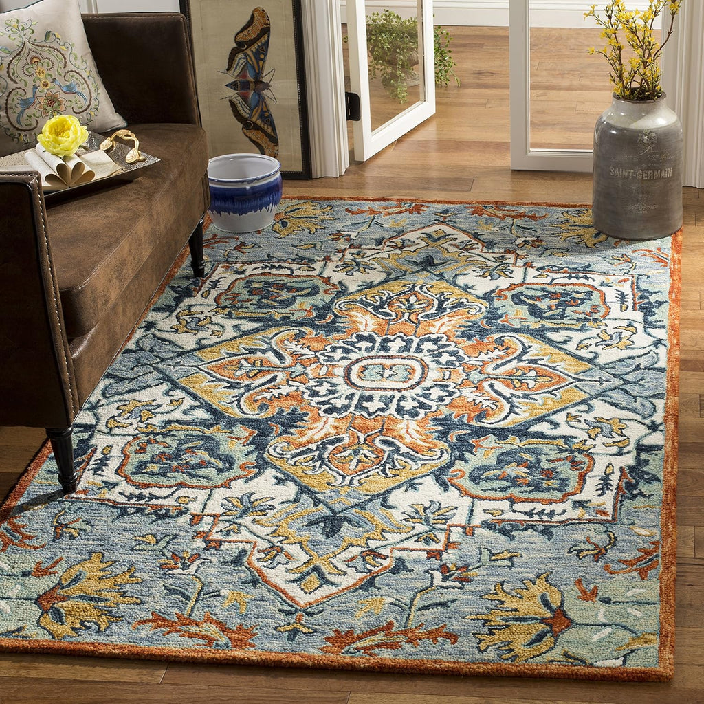 SAFAVIEH Aspen Collection Area Rug - 9' Square, Blue & Rust, Handmade Boho Wool, Ideal for High Traffic Areas in Living Room, Bedroom (APN312A)