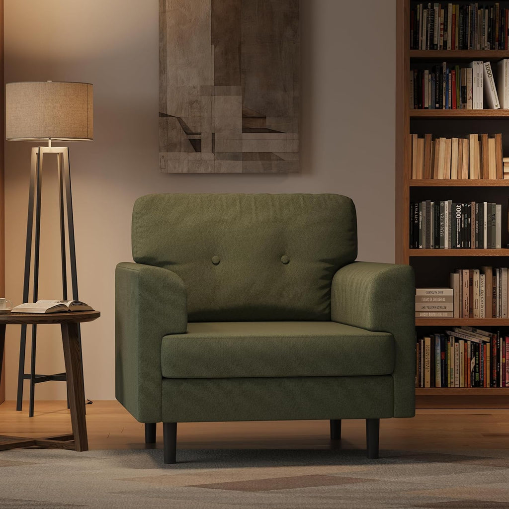 Garvee 38" Wide Sage Green Accent Chair, Modern Linen Upholstered Armchair with High-Density Foam, Comfy Reading & Lounge Chair for Living Room, Bedroom, Home Office & Reading Nook (Earthy Green Tone)