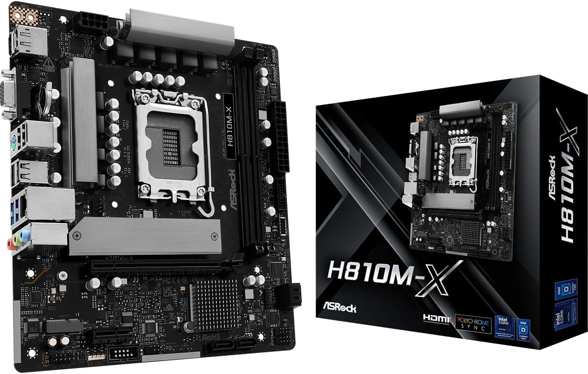 ASRock H810M-X LGA1851 Micro-ATX Motherboard, Supports Intel Core Ultra Series 2 Processors, DDR5 6400, PCIe 4.0, 2.5G LAN, HDMI, DisplayPort, VGA