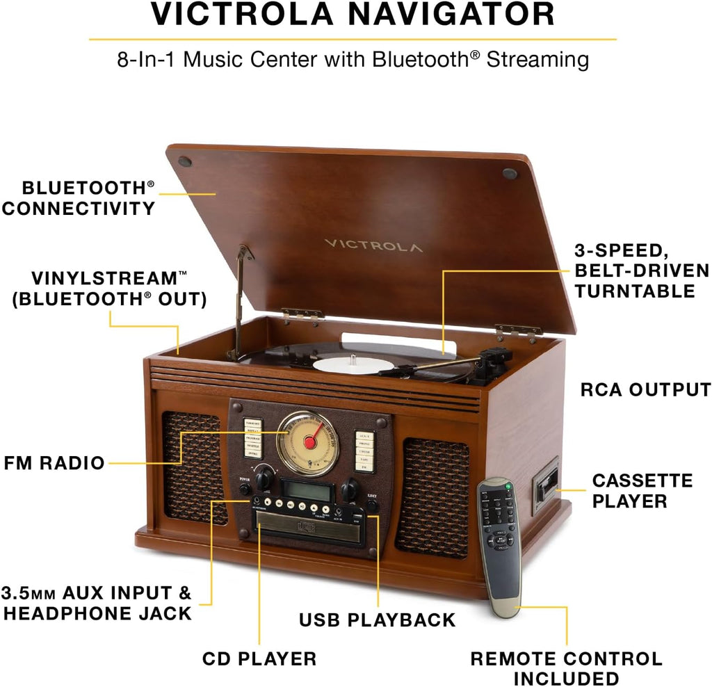 Victrola Navigator 8-in-1 Bluetooth Record Player with Built-in Speakers – 3 Speed, CD Player, Cassette, FM Radio, USB, RCA Out, Headphone Jack, Wireless Music Streaming, Real Wood (Walnut)