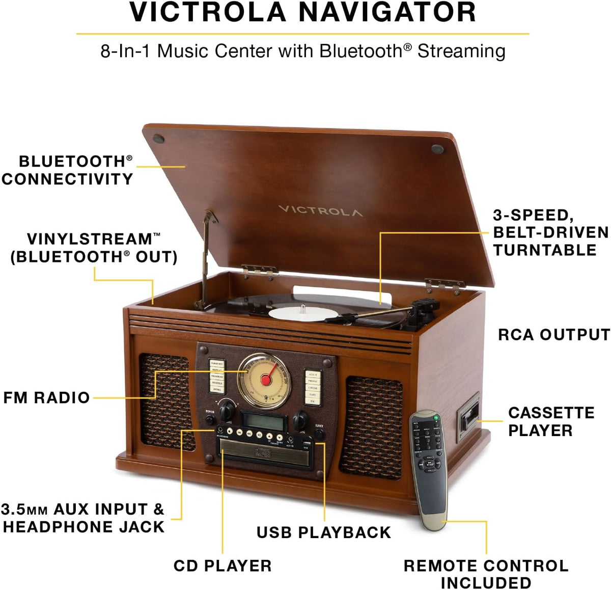 Victrola Navigator 8-in-1 Bluetooth Record Player with Built-in Speakers – 3 Speed, CD Player, Cassette, FM Radio, USB, RCA Out, Headphone Jack, Wireless Music Streaming, Real Wood (Walnut)