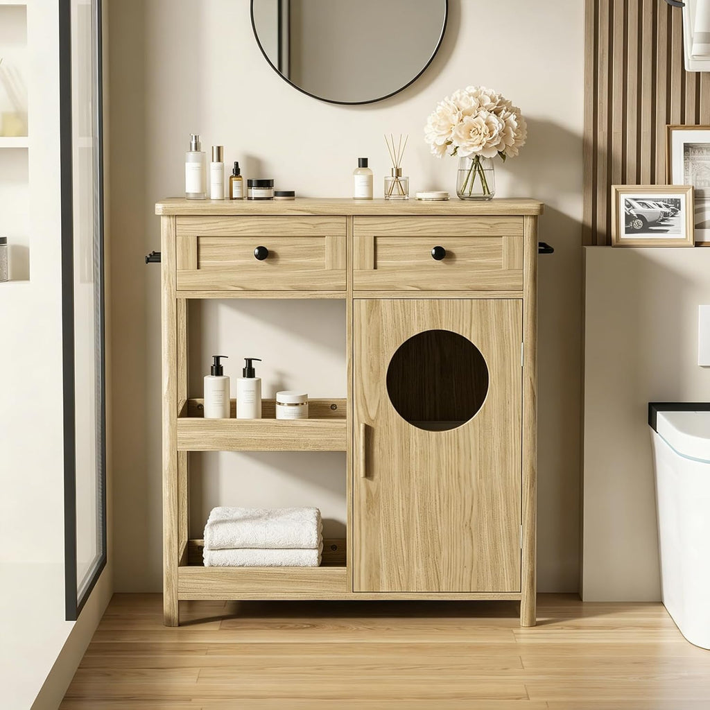 Laundry Hamper Cabinet, Hidden Laundry Storage Cabinet with 2 Drawers & Shelves, Removable Baskets Laundry Hamper with Clothes-Toss Hole for Bathroom, Bedroom, Living Room,Oak