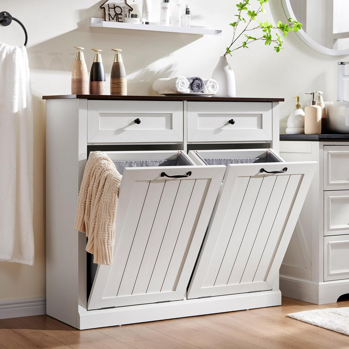 IFGET Double Tilt Out Trash Cabinet, 20 Gallon Farmhouse Laundry Hamper Cabinet with 2 Drawers, Hidden Wooden Trash Can Cabinets with Storage Basket for Kitchen, Living Room (Antique White)