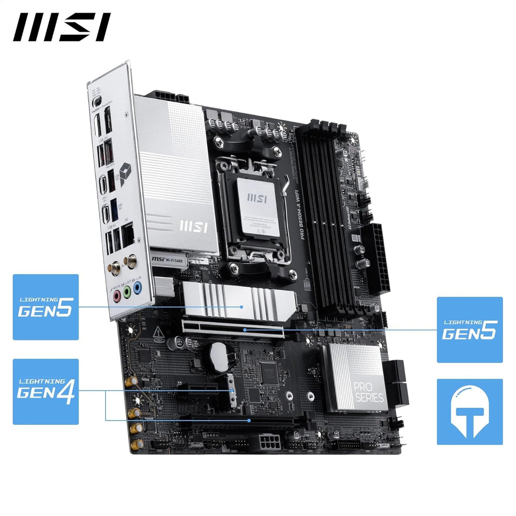 MSI PRO B850M-A WiFi Motherboard, mATX - Supports AMD Ryzen 9000/8000 / 7000 Processors, AM5 - DDR5 Memory Boost (8200+ MT/s OC), PCIe 5.0 x16 & 4.0 x4, M.2 Gen5, Wi-Fi 7, 5G LAN