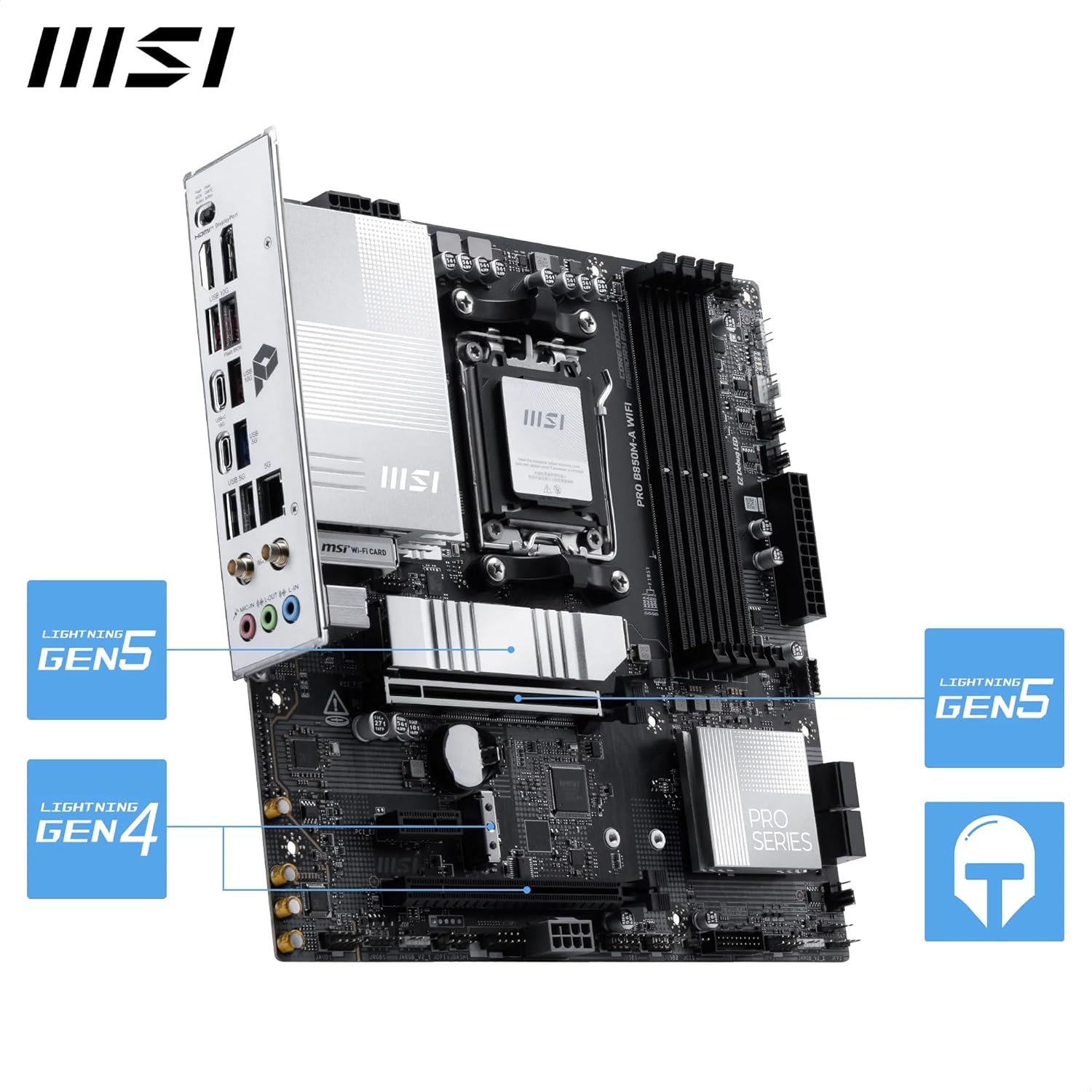 MSI PRO B850M-A WiFi Motherboard, mATX - Supports AMD Ryzen 9000/8000 / 7000 Processors, AM5 - DDR5 Memory Boost (8200+ MT/s OC), PCIe 5.0 x16 & 4.0 x4, M.2 Gen5, Wi-Fi 7, 5G LAN