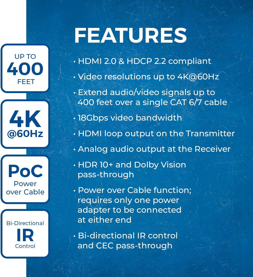 OREI 4K HDMI over Ethernet Extender Balun - HDBaseT UltraHD 4K @ 60Hz 4:4:4 CAT5e/6/7 Cable with HDR, CEC & IR Control, RS-232 Up to 400 Ft Loop Out POC Audio Out (UHD-EXB400R-K)