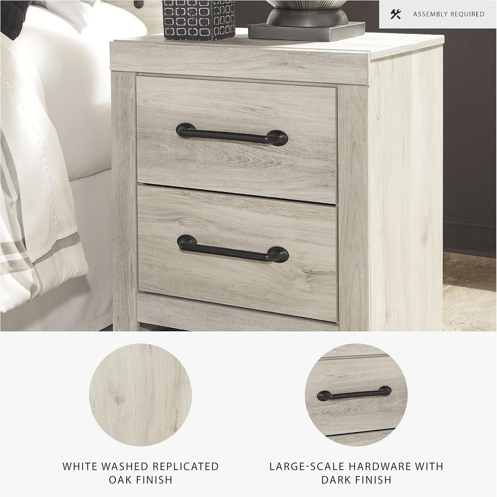 Signature Design by Ashley Cambeck Farmhouse Industrial 2 Drawer Two Drawer Nightstand with 2 Slim-Profile USB Charging Stations, 24.37" Tall, Whitewash