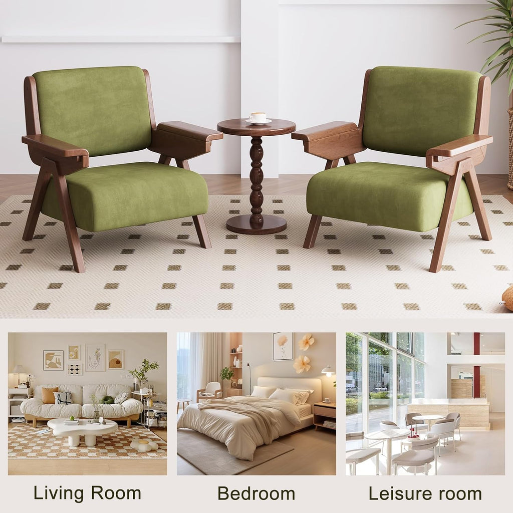 Accent Chair Set of 2, Mid Century Modern Chair, Velvet Upholstered Lounge Arm Chair with Solid Wood, Cozy Seating for Living Room, Bedroom, Balcony (Green)