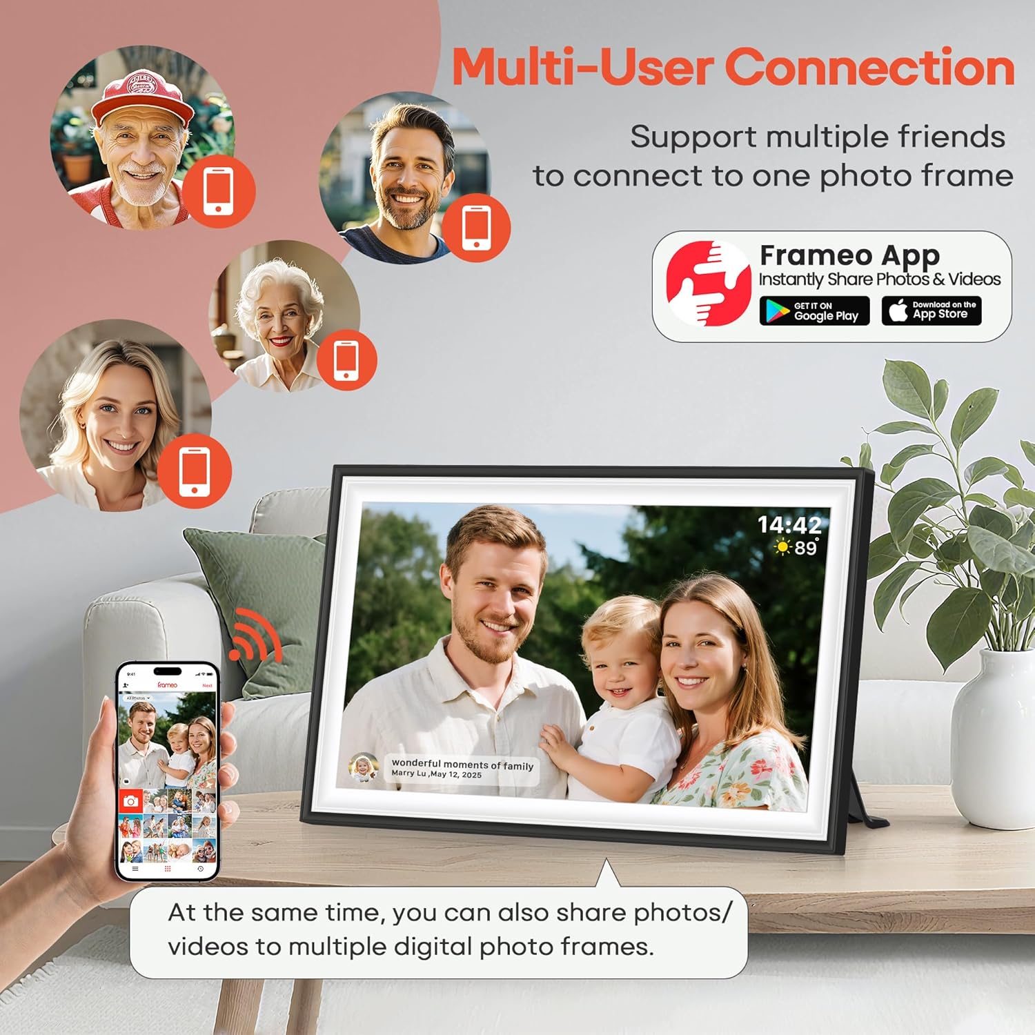 BIGASUO Digital Picture Frame Frameo 15.6" WiFi Electronic Photo Frames Large with 64GB Memory 1920x1080 IPS FHD Touch Screen Share Moments Instantly Anywhere Photo Gifts for Parents and Grandparents