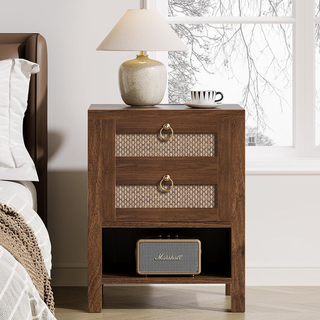 Rattan Night Stand with Drawers - Boho Nightstand with Charging Station, Bedside Table with Storage Shelf, Accent Side Table End Tables Living Room, Wood Nightstands for Bedroom, Walnut