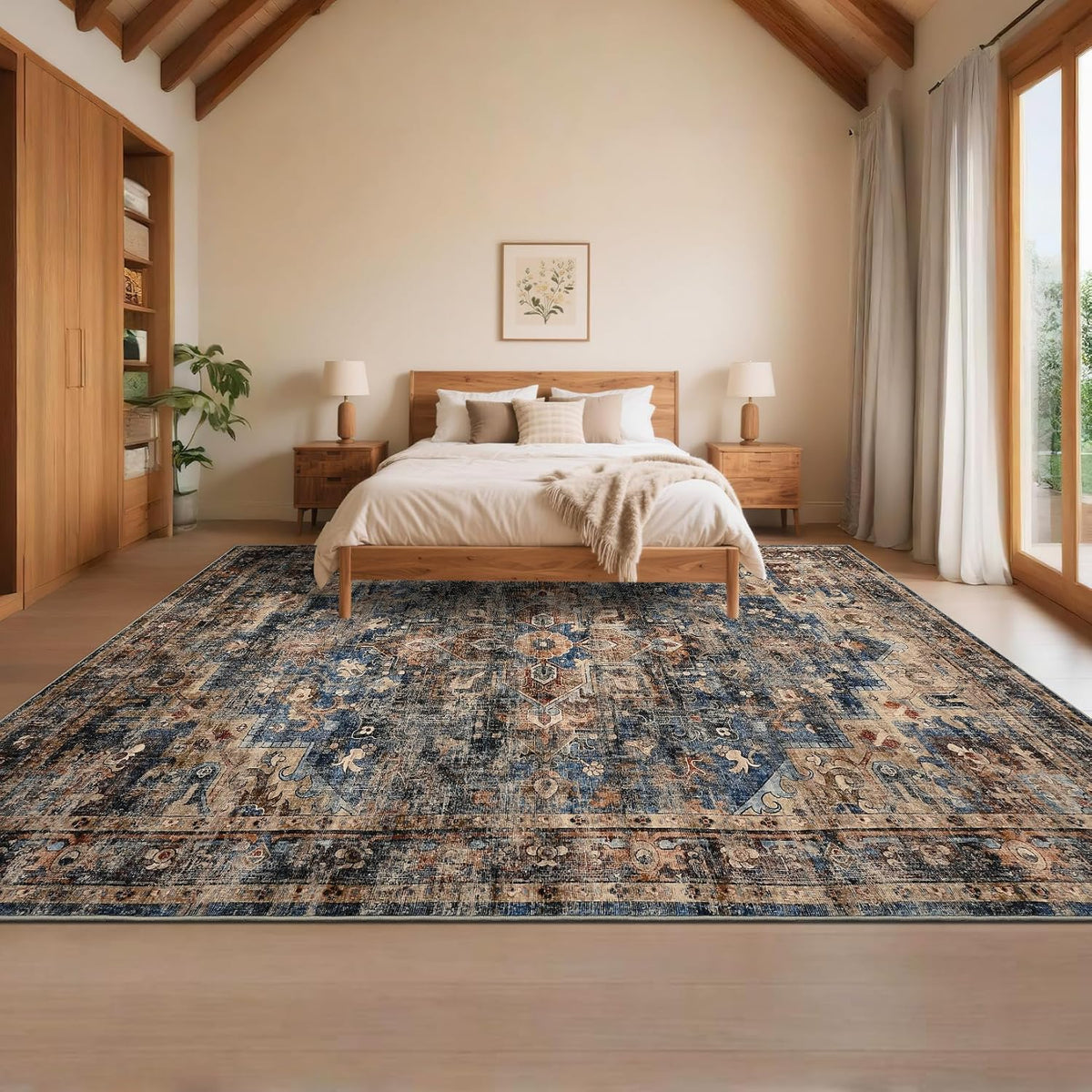 GarveeHome 8x10 Washable Vintage Living Room Area Rug: Vintage Machine Washable Area Rug for Living Room Indoor Large Non-Slip Bedroom Carpet Low Pile Stain Resistant Dining Room Carpet Blue&Brown