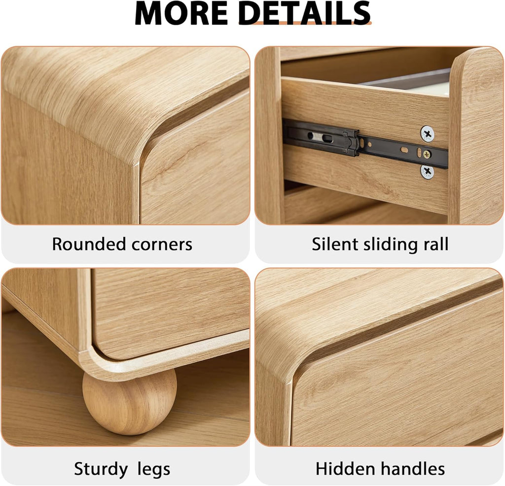 Small Night Stand Set of 2, Mid Century Modern Nightstands with 2 Drawers and Solid Wood Legs, 2 Drawer Dresser Curved Profile Design End Table Side Table for Small Space, Dorm, Bedroom(Natural)