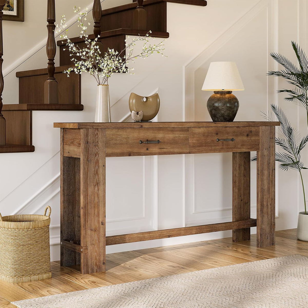 LITTLE TREE 63-Inch Solid Wood Console Table, Farmhouse Entryway Table with 2 Drawers, Narrow Sofa Table for Entryway, Hallway, Living Room, Foyer, Behind Couch