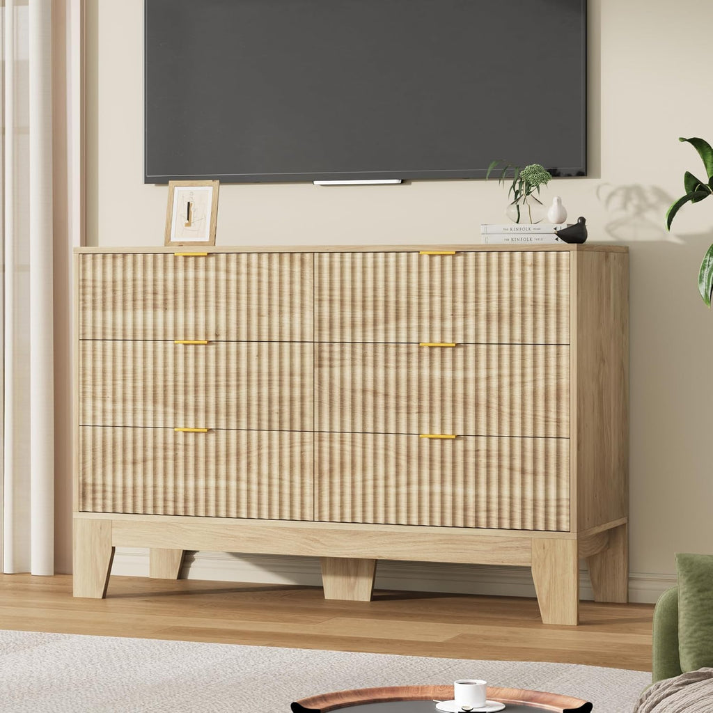 Garvee 6 Drawer Dresser for Bedroom, 47" Wide Fluted Chest of Drawers with Metal Handle, Modern Wooden Dresser TV Stand, Clothes Storage Organizer Wood Closet for Hallway, Entryway, Natural Oak