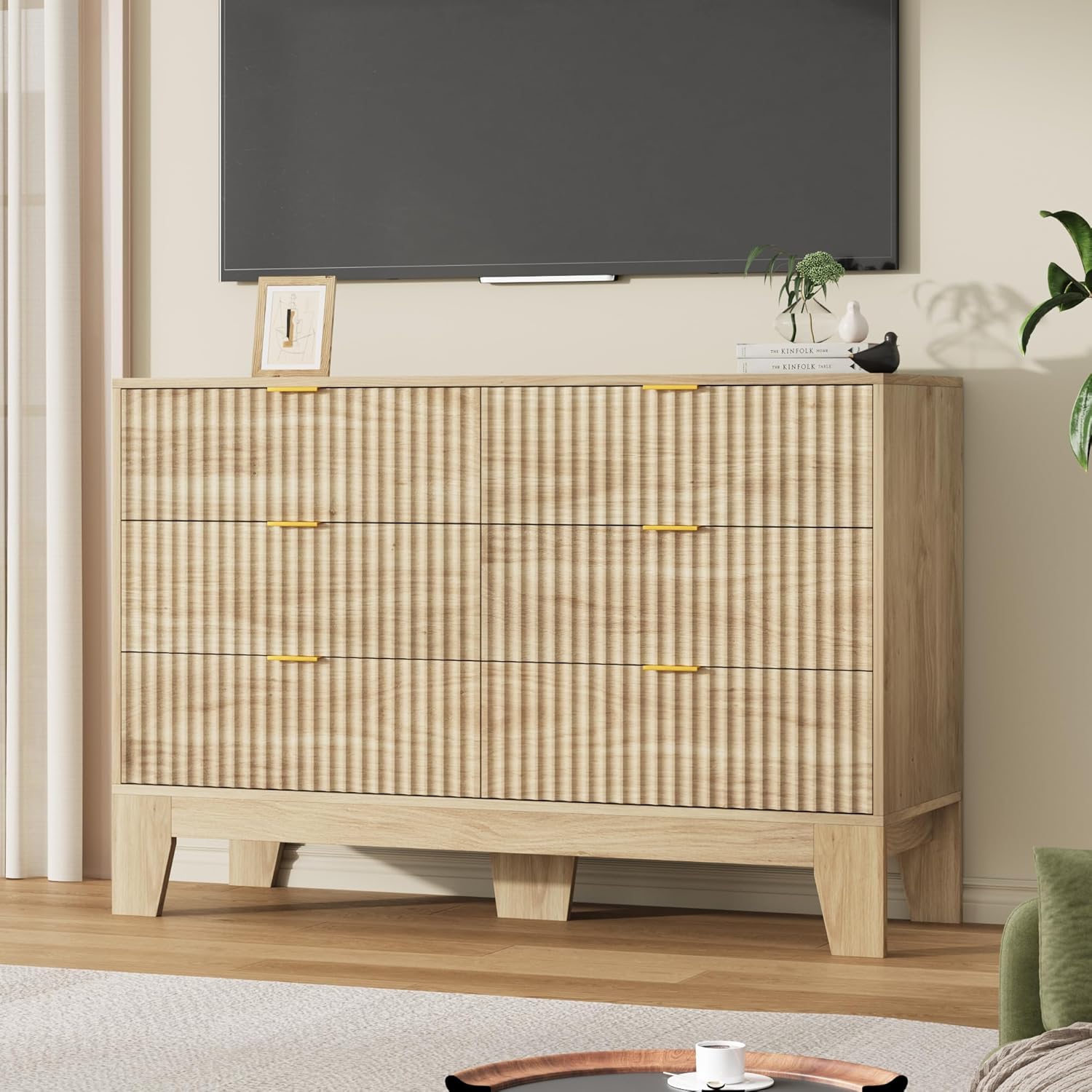 Garvee 6 Drawer Dresser for Bedroom, 47" Wide Fluted Chest of Drawers with Metal Handle, Modern Wooden Dresser TV Stand, Clothes Storage Organizer Wood Closet for Hallway, Entryway, Natural Oak