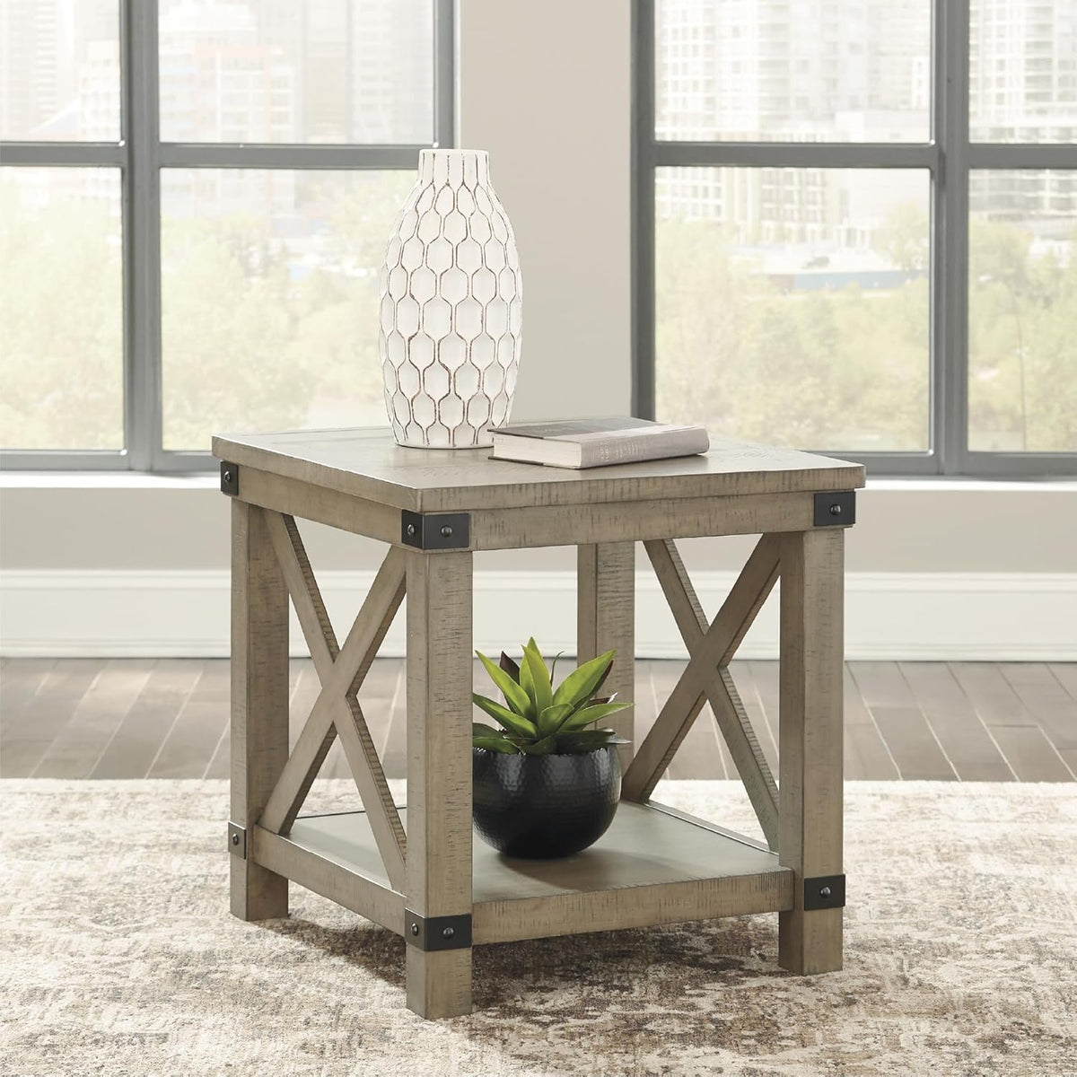 Signature Design by Ashley Aldwin Casual Farmhouse Rectangular End Table with Crossbuck Details, Metal Bracket Accents, Wood, 25" High, Weathered Gray