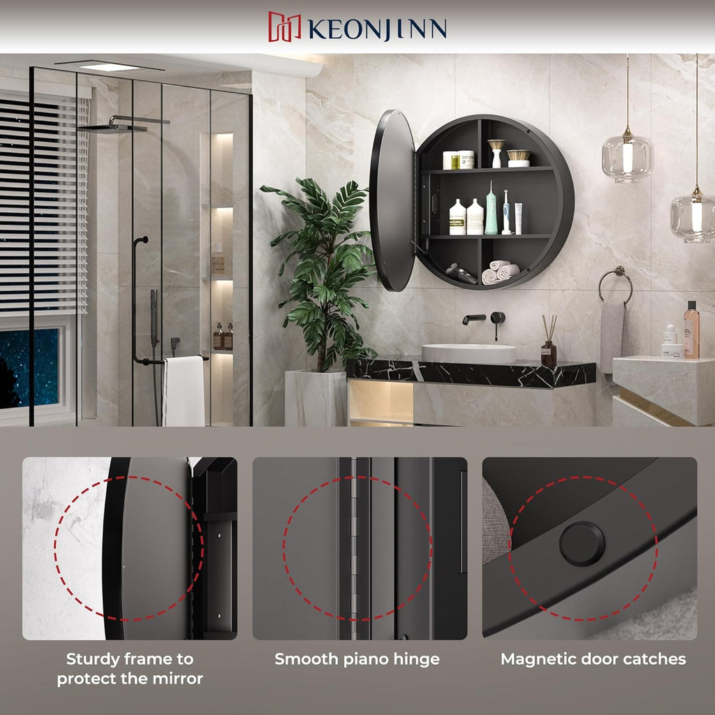 Keonjinn 30 Inch Round Lighted Medicine Cabinet, Black LED Medicine Cabinet Mirror, Circle, Electrical Outlet, 3 Color Lights, Anti-Fog, Dimmable, Surface Mount Only