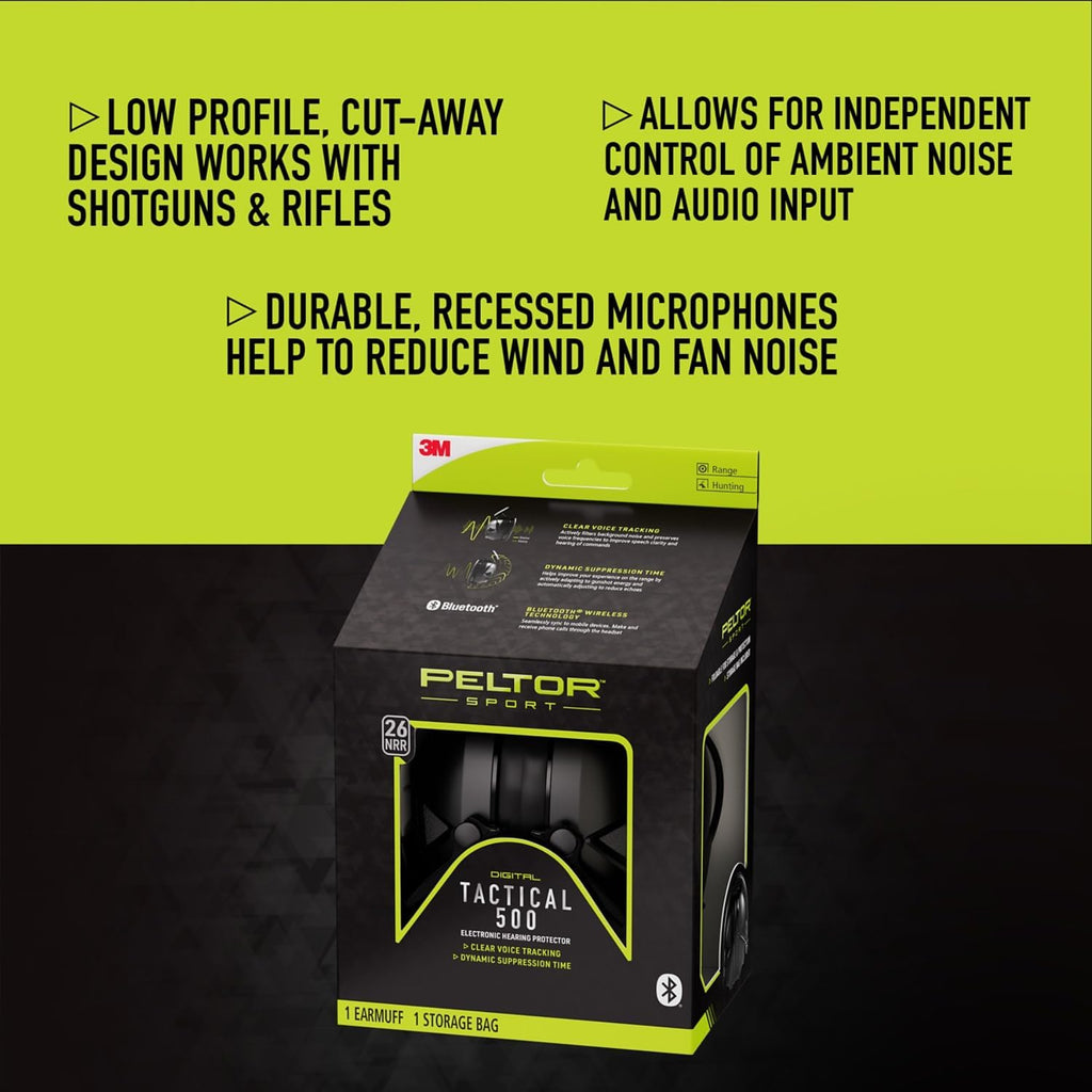 Peltor Sport Tactical 500 Bluetooth Hearing Protection Ear Muffs, 25 dB Noise Reduction Rating, Electronic Hearing Protection Headphones for Shooting, Hunting, Mowing, Construction, Concerts, & More