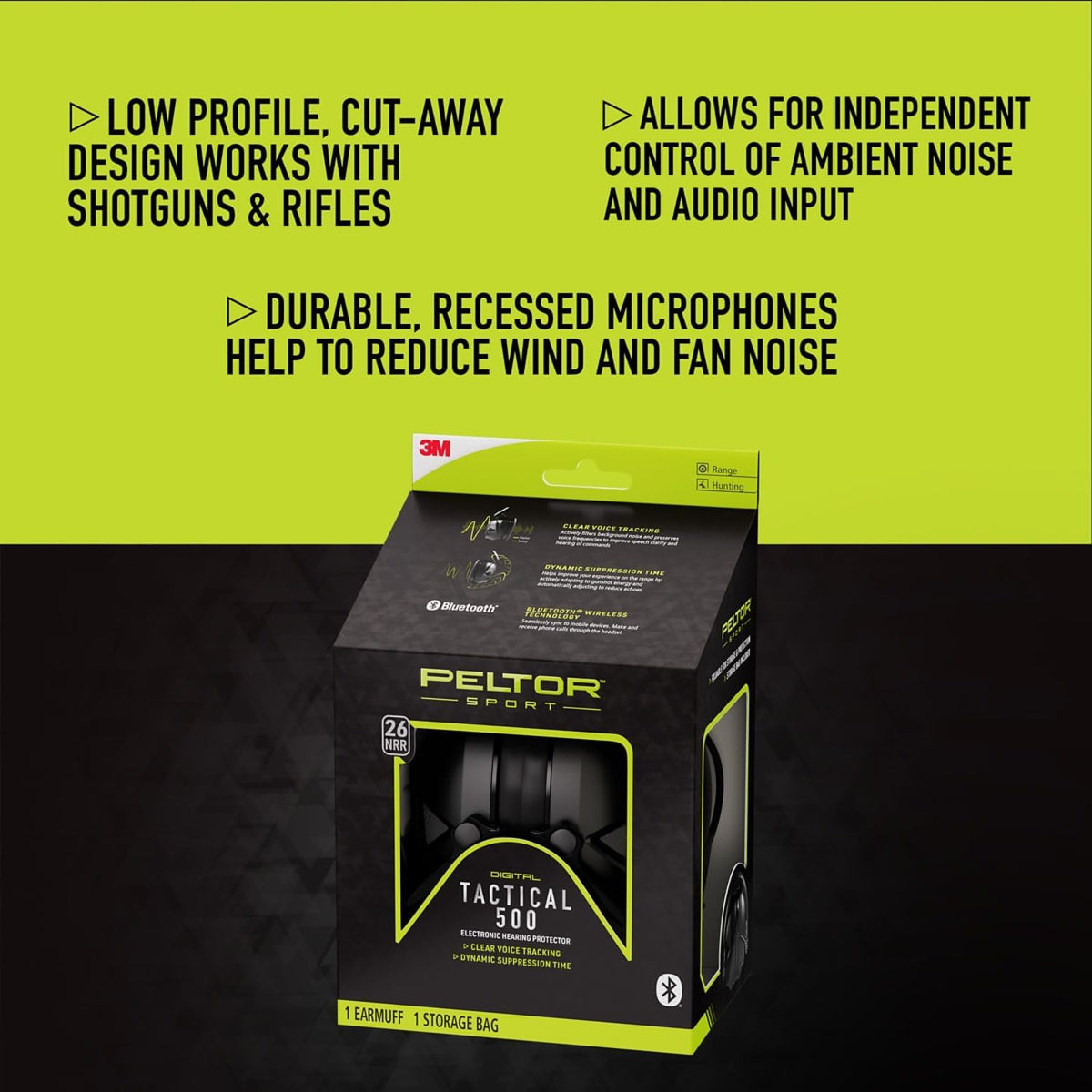 Peltor Sport Tactical 500 Bluetooth Hearing Protection Ear Muffs, 25 dB Noise Reduction Rating, Electronic Hearing Protection Headphones for Shooting, Hunting, Mowing, Construction, Concerts, & More