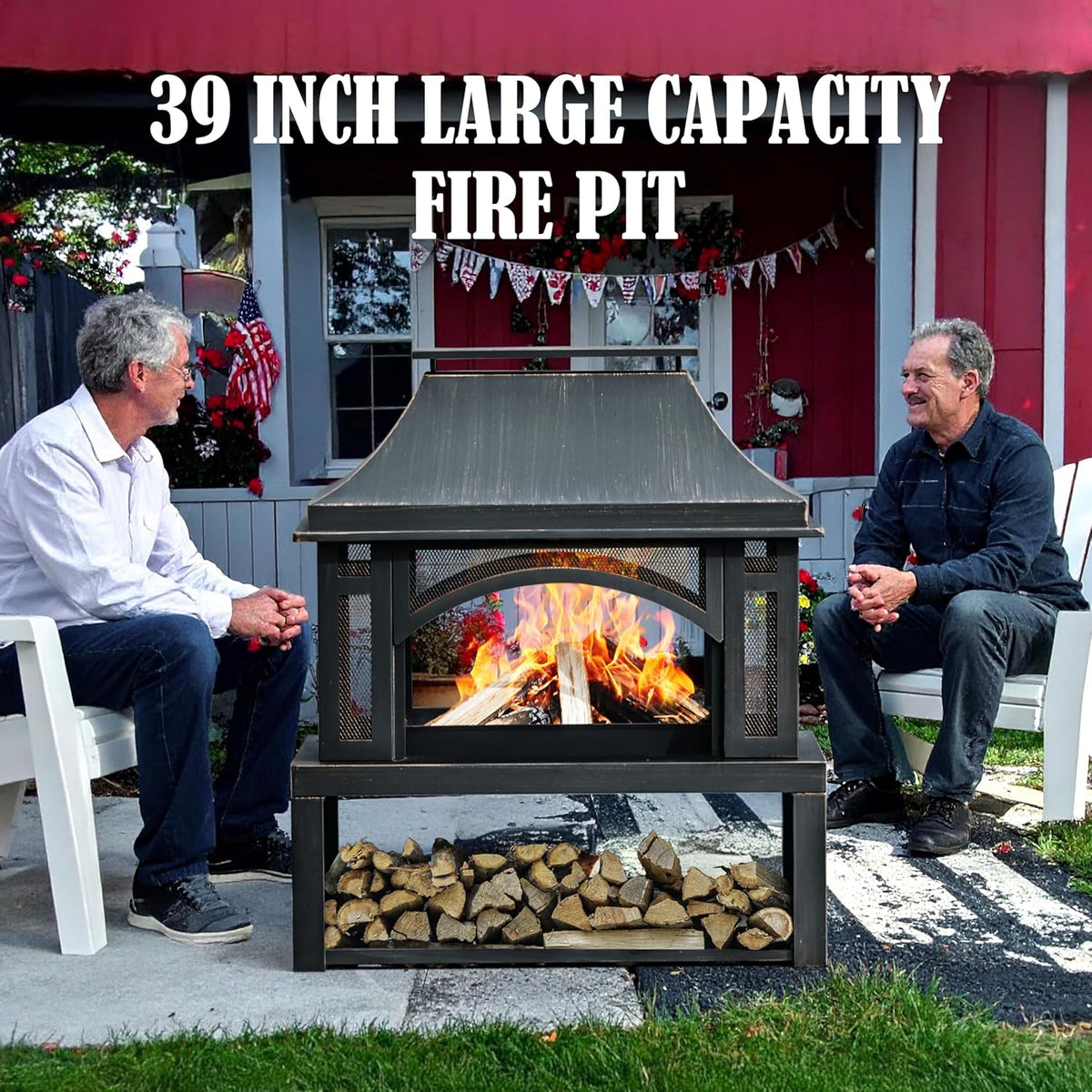 39" Fire Pits with Wood Storage for Outside, Large Wood Burning Outdoor Fireplace with Chimney, Mesh Spark Screen & Fire Poker, Idea for Backyard, Patio, Party, Camping, Picnic