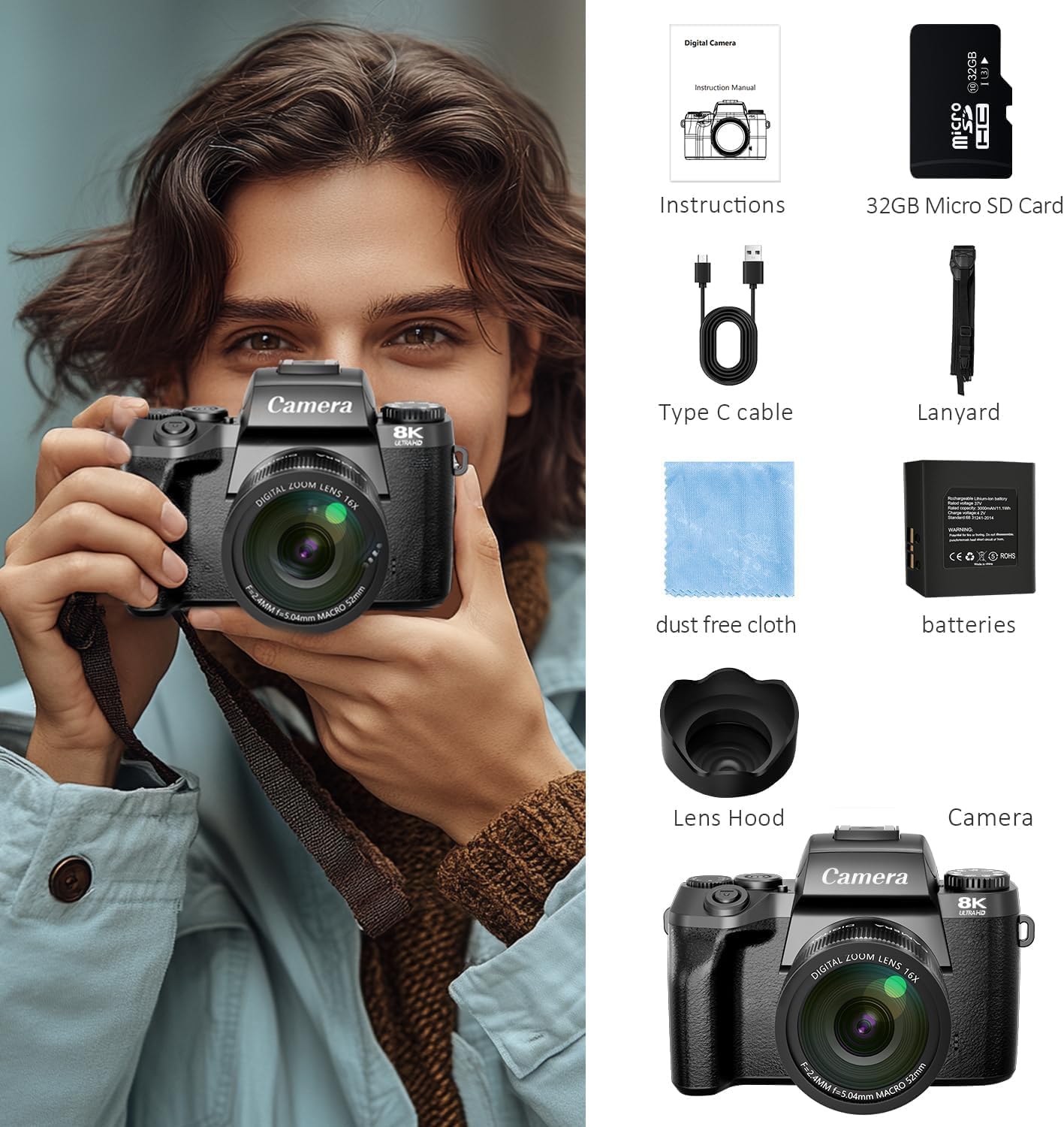 8K Digital Camera, 64MP WiFi Cameras for Photography with 4" Touchscreen, 16X Zoom Autofocus Professional Dual Camera, 3000MAh Battery, 32GB TF Card, Flash, Lens Hood
