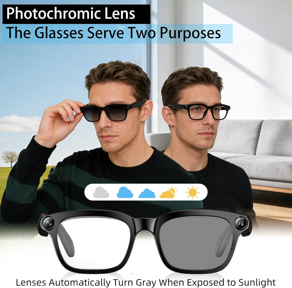 AI Smart Glasses with Camera for Men Women, 4K Video Recording, Real-Time Translation, Photochromic Lenses, Open Ear Bluetooth Audio, POV Camera Glasses for Travel Cycling Driving